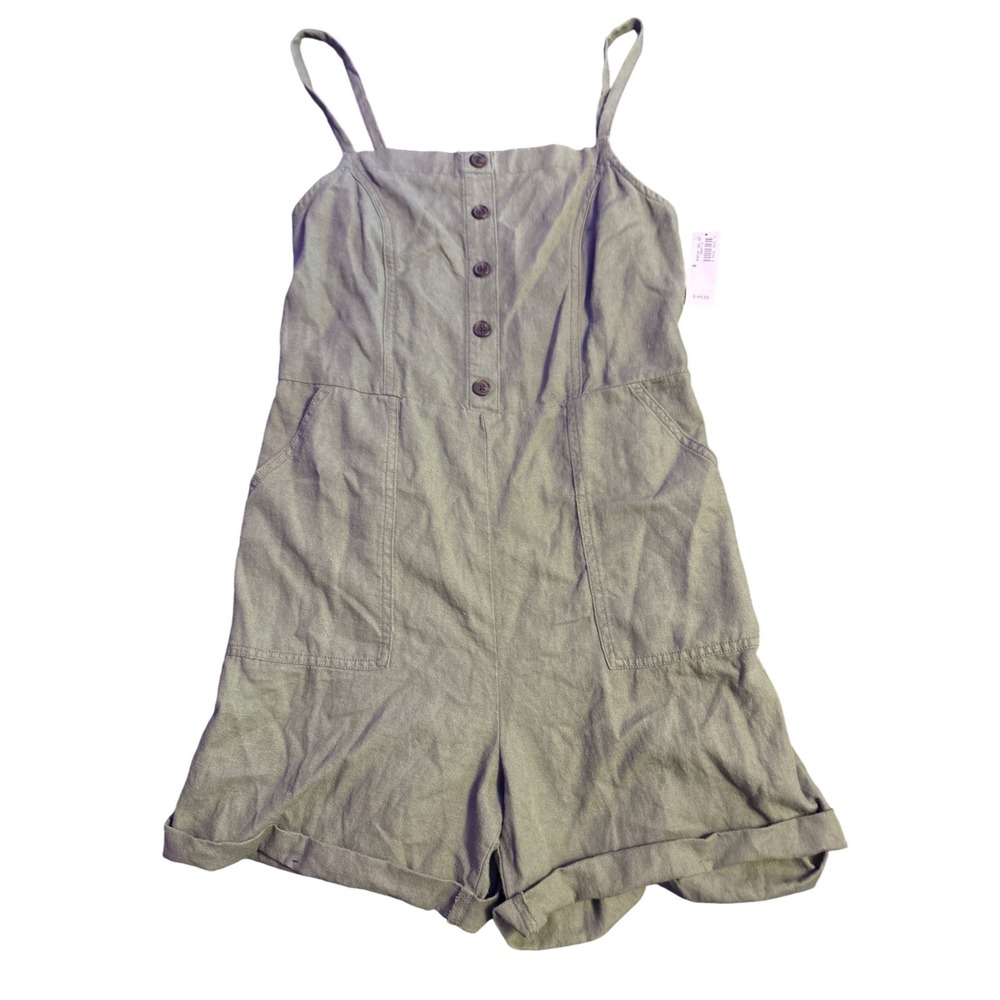 NEW Old Navy Women's Olive Green Linen Blend Button Front Romper Shorts Size M